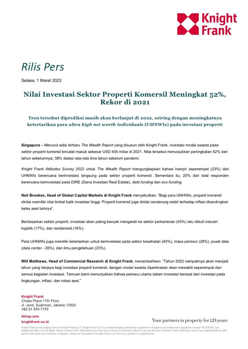 Rilis Pers- The Wealth Report: Nilai Investasi Sektor Properti Komersil Meningkat 52%, Rekor di 2021 | KF Map Indonesia Property, Infrastructure